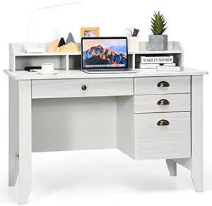 Tangkula White Desk with 4 Storage Drawers & Hutch, Home Office Computer Vintage Desk, Writing Study Table with Storage Shelves, Wooden Executive Desk (White)