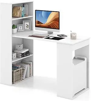 48 Inch Computer Desk with Bookshelf, Reversible Study Writing Desk with Storage Shelves & CPU Stand, Compact Office Desks & Workstations, White Desk for Bedroom, Kids Room, Study (White)