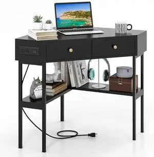 Tangkula Corner Desk with 2 Drawers & Built-in Charging Station, 90 Degrees Triangle Computer Desk for Small Space, Bedroom Makeup Vanity Desk with Storage Shelves, Corner Writing Desk