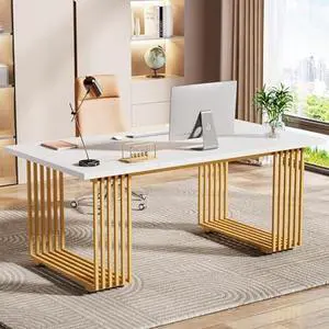 Tribesigns 70.9 Modern Office Desk, Wooden Computer Desk, White Executive Desk with Gold Metal Legs, Large Workstation for Home Office, Study Writing Desk, Small Conference Table for Meeting Room
