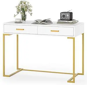 Tribesigns Computer Desk with 2 Drawers, White and Gold Desk Modern Writing Desk Study Table for Home Office, Bedroom, Small Space - Wood Top and Gold Metal Frame (White/Gold)