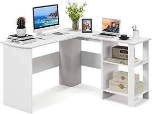 Tangkula White L Shaped Desk with Storage Shelves, Wooden Corner Computer Desk, Space-Saving Home Office Workstation, Gaming Desk, Writing Study Desk, L Shaped Office Desk