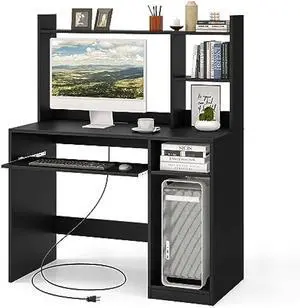 Tangkula Computer Desk with Storage Hutch & Charging Station, Home Office Study Writing Desk with Bookshelf, Keyboard Tray & CPU Stand, Modern Laptop PC Desk, Computer Workstation for Study, Bedroom