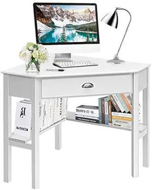 Tangkula White Corner Desk with Drawer, Storage Shelves for Computer, Makeup Vanity Desk for Small Space, 90 Degrees Triangle Desk