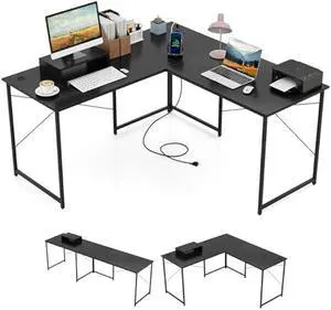 Tangkula L-Shaped Computer Desk with Power Outlets, 95 Long 2-Person Desk with Monitor Shelf, Modern Corner Desk Gaming Table with USB Ports for Home Office