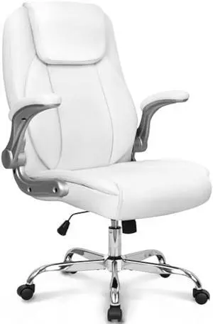 NEO CHAIR Ergonomic Office Desk Gaming Computer Chair Executive High Back Support Flip-up Arms Adjustable Height Swivel Rolling Wheels Comfy PU Leather for Home (White)