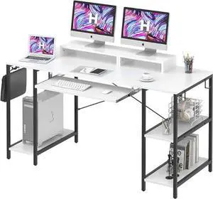 Computer Desk with Keyboard Tray, 55 Inch Music Studio Desk Music Production Desk with Storage Shelves Monitor Stands and 4 Iron Hooks, Workstation Gaming Table for Home Office