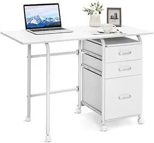 Tangkula White Folding Desk with 3 Drawers, Mobile Home Office Desk Study Writing Desk with Smooth Wheels, Space Saving Compact Table for Dorm Apartment, Rolling Couch Desk Table