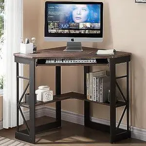 VECELO Corner Desk Computer Desk Writing Table with Smooth Keyboard Tray & Storage Shelves,Compact Home Office Triangle Table,Rustic Brown