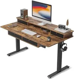 FEZIBO 55 x 30 inch Electric Standing Desk Adjustable Height with 4 Drawers, Sit Stand Desk, Home Office Stand Up Table with 4 Height-Adjustable Feets & 2 Hooks,Rustic Brown Top, 55 inch