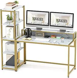 Teraves Computer Desk with 5 Tier Shelves,Reversible Writing Desk with Storage 49 Inch Study Table for Home Office Independent Bookcase and Desk for Multiple Scenes (White Marbling+ Gold Frame)