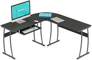 RIF6 L Shaped Modern Computer Home Office Gaming Desk with Keyboard Tray and Cable Management, Easy Assembly, Black