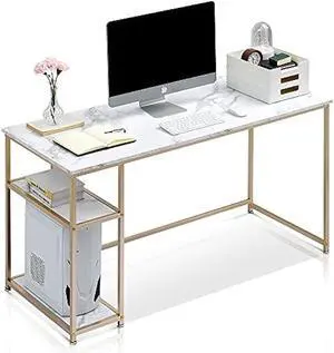 ivinta Computer Desk, Home Office Desk with Storage Shelves for Living Room, Bedroom, Office, Whale-ML55 (White and Gold, 55)