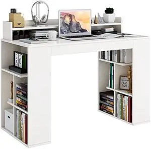 Tangkula 48 White Desk with Storage Bookshelf, Home Office Computer Desk with Dual 3 Tier Bookshelf & Monitor Shelf, Study Writing Desk with Anti-Tipping Kit, Executive Desk for Study & Bedroom