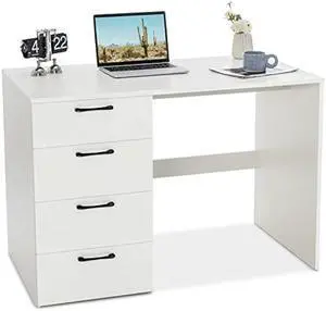 Tangkula White Desk with 4 Storage Drawers, Home Office Writing Desk, Modern Executive Desk, Laptop PC Desk, Vanity Makeup Table, Computer Workstation for Bedroom, Study Room, Office