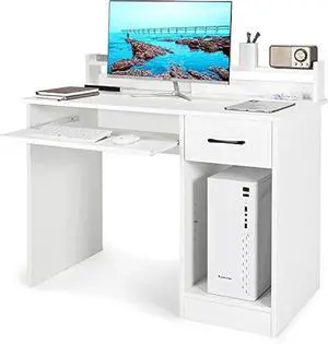 Tangkula White Computer Desk with Keyboard Tray & Drawer, Modern Wooden Study Writing Desk with Storage Shelves & Hutch for Home Office or Kids' Bedroom