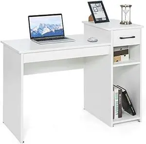 Tangkula White Desk with Storage Drawer & Shelves, Compact Desk for Small Space, Modern Wooden Study Writing Table with Storage Drawer & Compartments, PC Laptop Desk for Bedroom