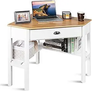 GOFLAME Computer Corner Desk, Wood Compact Home Office Writing Worstation with Drawer and Shelves, Laptop PC Corner Table for Small Space Home Office, Natural & White