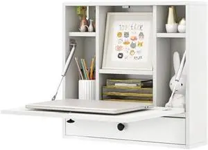 Folding Wall Desk, Wood Wall Mounted Desk with Storage Drawer and Shelves, Fold Down Wall Mount Laptop Desk, Corner Floating Desk for Small Spaces (White)