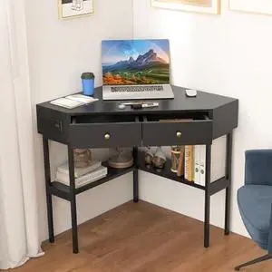 Corner Desk with Power Outlet, 90 Degrees Triangle Desk w/Storage Shelves and Drawers, Corner Makeup Vanity Table, Corner Desks for Small Spaces, Small Corner Desk for Bedroom, Study (Black)