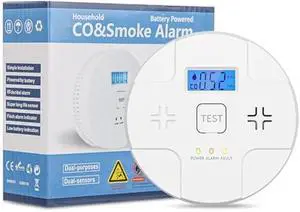 2 in 1,Combination Smoke and Carbon Monoxide Alarm,Detect CO,85 dB Alert,LCD Digital Readout,with 3 * 1.5V AA Batteries,Low Battery Warning,Self Test Button,Easy Installation and Maintenance