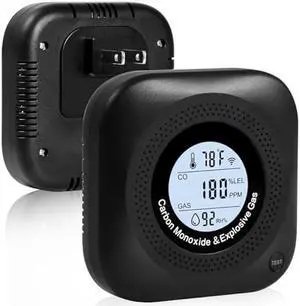 Carbon Monoxide Detectors, 4-in-1 Natural Gas Leak Detector, Portable Carbon Monoxide Detector, Plug in Wall CO Alarms with AC Socket and Temperature & Humidity Monitoring for RV, Home, Hotel (Black)