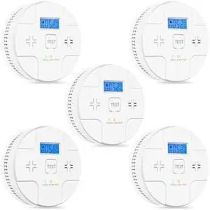 5 Packs,Smoke Detector Carbon Monoxide Detector Combo,2-in-1 Detection,85 dB Alarm,LED Indication,LCD Digital Displays,Battery Operated,(Includes 3 x 1.5V AA Batteries),Easy to Install,Portable Use