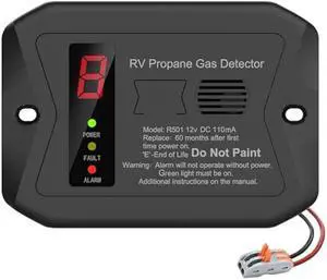 RV Propane Gas Detector, 12V DC, 85dB Alarm, Digital Display, Surface/Flush Mount, 5-Year Lifespan, Black