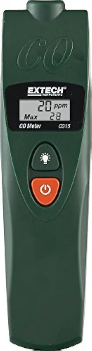 Extech CO15 Carbon Monoxide Meter  Portable CO Detector with Peak Hold, Adjustable Alarm, Backlit Display, 01,000 ppm Measurement, Battery Powered, Indoor Safety Monitor