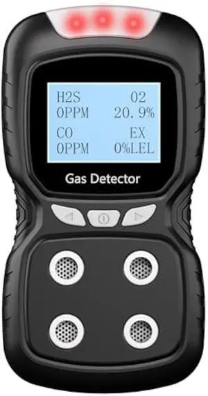 Portable 4 Gas Detector, 4 in 1 Multi Gas Monitor TesterH2S,O2,CO and EX Rechargeable LCD Display Gas Sniffer AlarmGas Clip Sound Light Shock Alarm (Black)