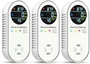 4-in-1 Combination Natural Gas Leak Detector and Carbon Monoxide Detectors - Carbon Monoxide Detectors Plug in - Dual Sensor Gas & Co Detector, Temperature & Humidity Detectors for Home, RV (3 Packs)