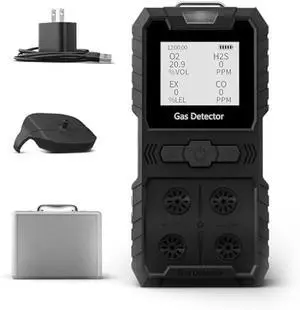 Portable 4 Gas Monitor Multi Gas DetectorPortable Gas Detector Rechargeable 4 Gas Monitor Ex H2s Co O2 with LCD Display Sound Light Shock confined Space air Monitor (Black)