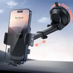 Lamicall Car Phone Holder - [Strongest Military-Grade Suction Cup] 360° Rotation Phone Holders for Your Car Quick Release Adjustable Car Phone Mount Dashboard for iPhone 17 16 Galaxy Smartphone Truck
