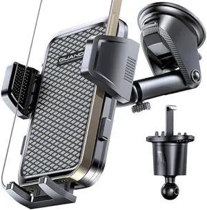 Adjustable Windshield Phone Mount for Car, Suction Cup Dashboard Holder for All Cell Phone, (+Vent Hook) [Military Grade Stable], Non-Slip Silicone Carbon Fiber, (Black)