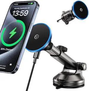 for MagSafe Car Mount Charger Dash/Windshield/Vent Wireless Car Charger with [LED Light], Strong Magnetic Phone Holder for Car for iPhone 17 16 15 14 13 12 Series, Fit MagSafe Accessories