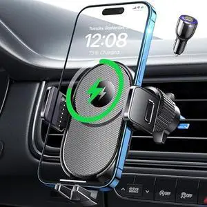 Wireless Car Charger, 15W Fast Charging Auto Clamping Car Phone Holder Wireless Charger Air Vent Car Phone Mount fit for iPhone 15 14 13 12 Mini Pro Max 11 XR XS X, Samsung Galaxy S23 S22 S21+