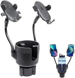JINKEY Dual Cup Phone Holder for Car, 360°Rotatable Car Mount Adjustable Gooseneck Cell Phones Cup Holders Universal Fits for Most 4-6.7 i-Phone Mobile-Phone Automobile Cradles