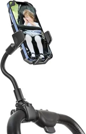 Gooseneck Stroller Phone Holder, Cell Phone Mount Pole Clamp for Baby Stroller, Shopping Cart, wheelchair, One Hand Operation Phone Clip, for iPhone 16 15 Pro Max 14 13 12 11, Android, All Smartphones