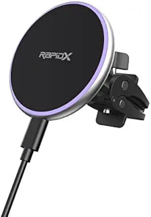 RapidX Dashio MW2 Car Vent Mount & Magnetic Wireless Charger Circle, up to 15W, for iPhone 15/14/13/12 & Newer, or Other iPhone/Android with MagSafe/Magnetic Case