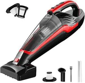 Pet Hair Handheld Vacuum, Car Vacuum Portable Cordless Rechargeable with Reusable Filter and Motorized Brush for Carpet, Couch & Stairs, Red, 17.4X 4.6X 6.6