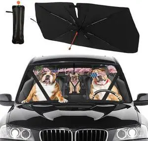 American Flag Car Windshield Sun Shade Umbrella Bendable Handle Foldable Funny Bulldog Sunshade for Car Windshield Block UV Rays Keep Vehicle Cool for Most Sedans SUV Trucks Cars 57x30