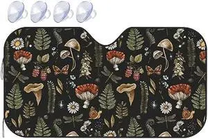 Windshield Sun Shade Vintage Magic Mushroom Leaf Forest Car Front Window Sunshade Blocker UV Visor Retractable Automotive Sunshades for Vehicle SUV Truck Protector 51x27.5 inch