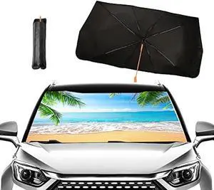 Tropical Palm Beach Car Windshield Umbrella,Large Size Sun Shade Umbrella for Front Windows,UV Rays and Heat Visor Protector Foldable Reflector Shield Fits Most Vans SUVs,(FG0-DNH8N)