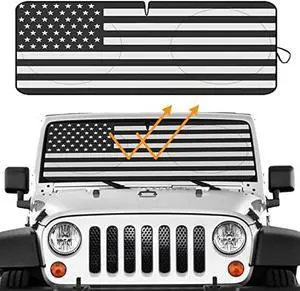 Big Hippo American Flag Windshield Sunshade for 2007-2022 Wrangler Rubicon Sahara TJ JK JKU 2 & 4 Door (Black-)