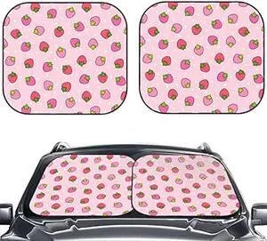 KiuLoam 2 Piece Car Windshield Sun Shade, Cute Strawberry Pink Print Sunshades Sun Visor Protector Blocks UV Rays Foldable Keep Your Vehicle Cool for Most Sedans SUV Truck, Medium