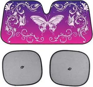 BDK Pink Butterfly Accordion Folding Car Windshield Sun Shade with 2 Side Car Window Shades for Baby - Cute Jumbo Sunshade for Car to Protect Interior & Keep your Vehicle Cool 58 x 28