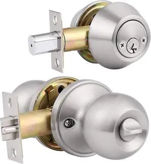 1 Pack Keyed Alike Door Lock Set with Deadbolt, Satin Nickel Finished Double Cylinder Deadbolt Lock Set, Security Round Style Entry Door Knobs
