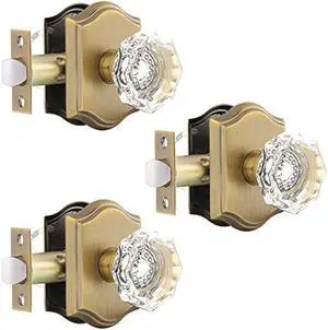 Gobrico Antique Brass Passage Door Knobs for Hallway/Closet,Keyless Octagonal Crystal Door Handles with Arched Rosette,Non-Locking Function,3 Pack