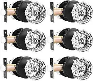 Orger 6 Pack Glass Door Knobs with Flat Black Rosette, Bath/Bed Door Knobs for Privacy Use, Keyless Interior Door Handles with Diamond Shape Crystal Glass and Zinc Alloy Base