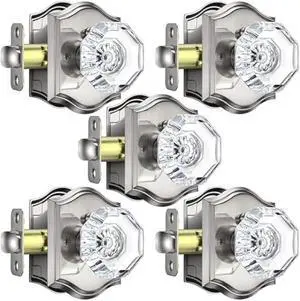 5 Pack Crystal Door Knobs Interior with Lock, Modern Octagon Glass Door Knobs, Satin Nickel Crystal Doorknobs with Lock for Bedroom, Glass Bathroom Doorknob